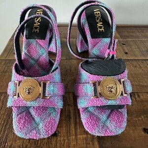 NWB Versace Tweed $1190 Lurex Checkered Medusa Logo Sandal Heel Size 36 $1190